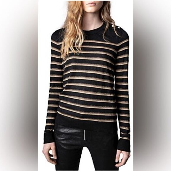 Zadig & Voltaire Sweater Miss Stripes black and gold metallic Sweater. NWT XS - Picture 1 of 11
